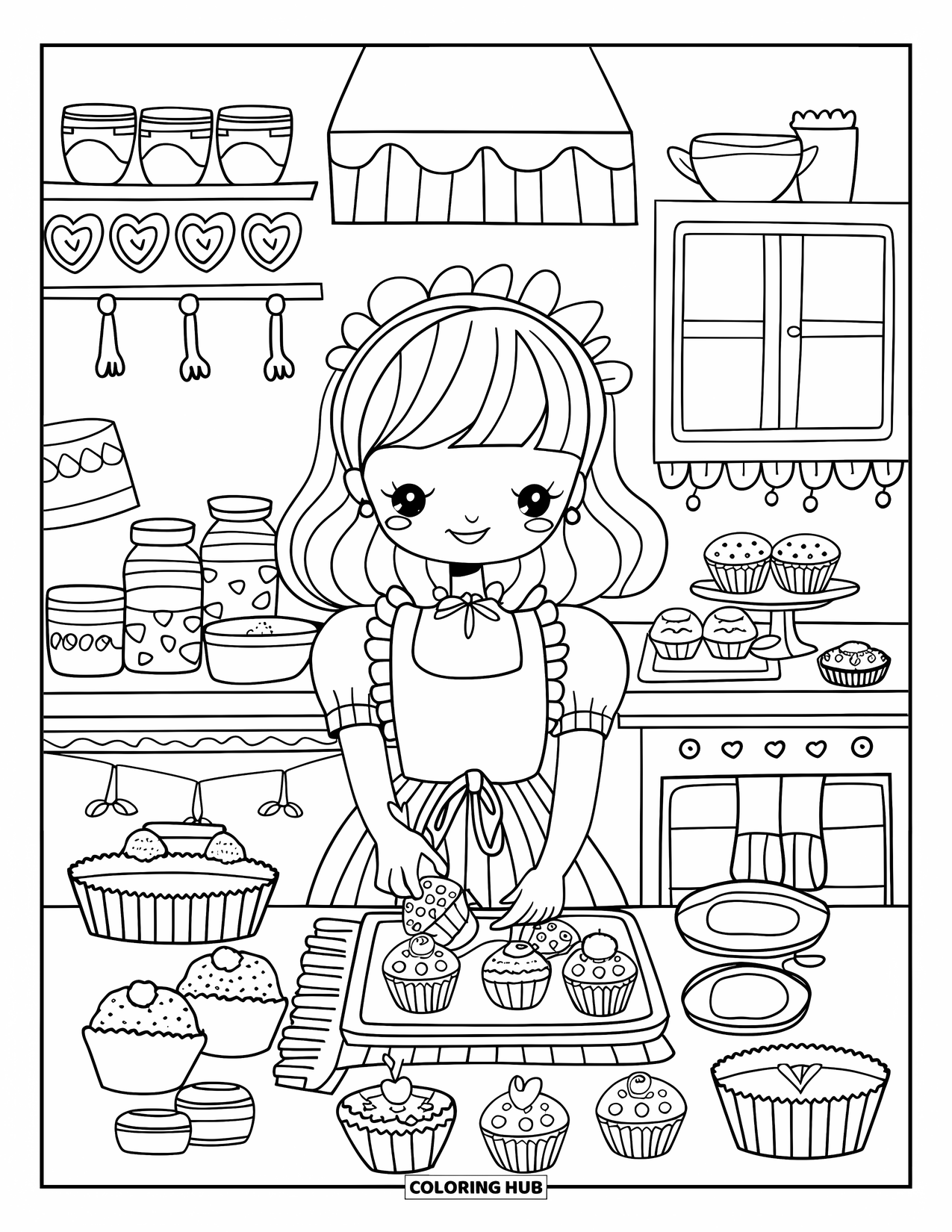 Kolorowanka z sukienką dla dorosłych: Radosna dziewczyna piecze słodkości w przytulnej kuchni