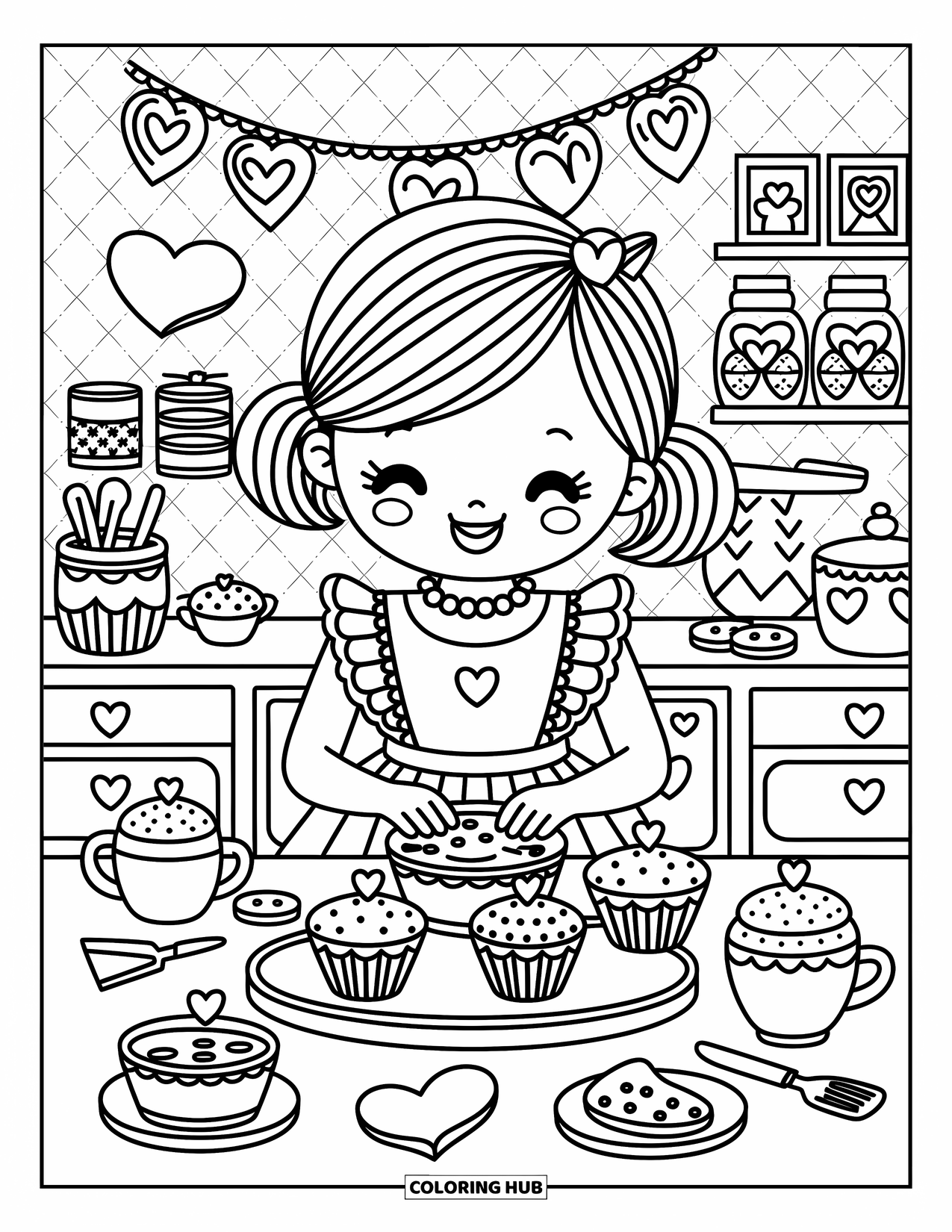 Kolorowanka z sukienką dla dorosłych: Radosna dziewczyna piecze słodkości w kuchni z przyborami w kształcie serca