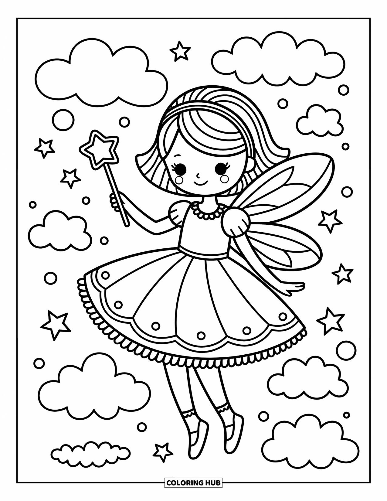 Kolorowanka z sukienką dla dorosłych: Dziewczyna-wróżka unosi się nad chmurami z gwiazdami i bąbelkami wokół niej