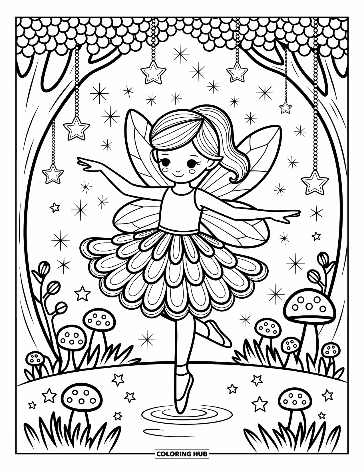 Kolorowanka z sukienką dla dorosłych: Dziewczyna-wróżka w sukience z płatków tańczy wśród gwiazd i lampionów