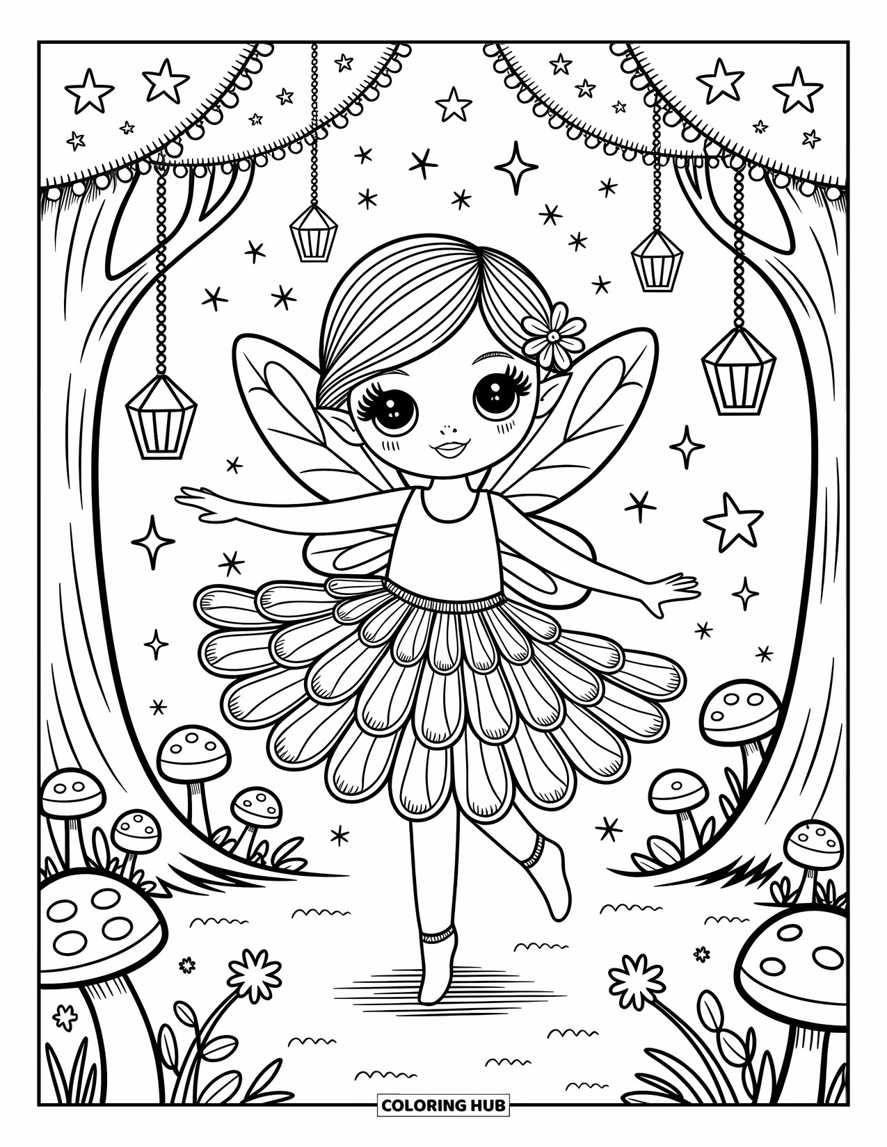 Kolorowanka z sukienką dla dorosłych: Dziewczyna-wróżka w sukience z płatków unosi się z gwiazdami i maleńkimi grzybami