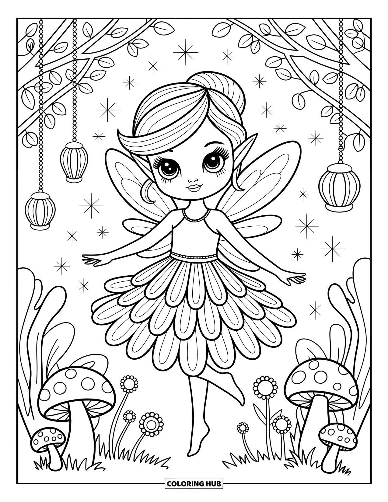 Kolorowanka z sukienką dla dorosłych: Dziewczyna-wróżka wiruje w kwiatowej sukience z gwiazdami i lampionami wokół niej