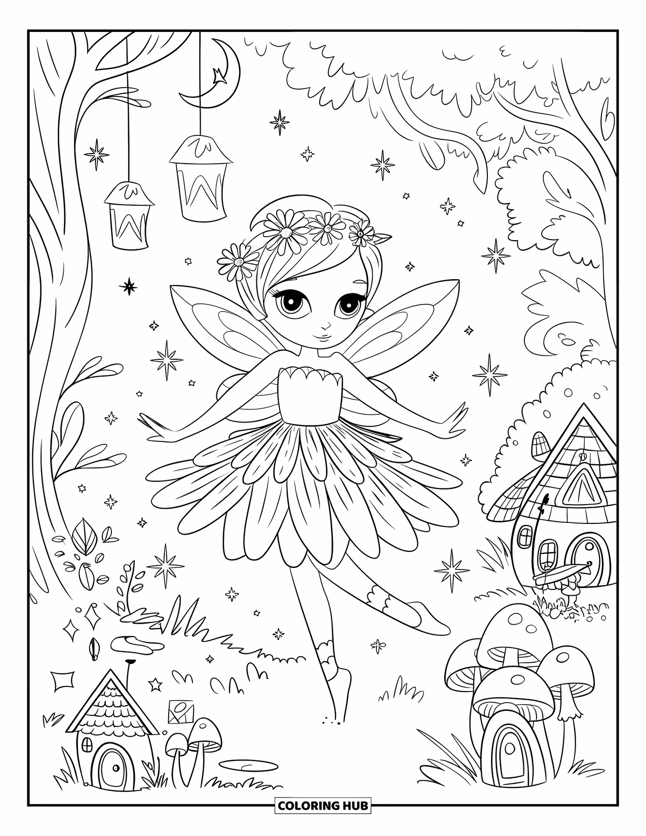 Kolorowanka z sukienką dla dorosłych: Dziewczyna-wróżka z wiankiem na głowie tańczy w magicznym lesie