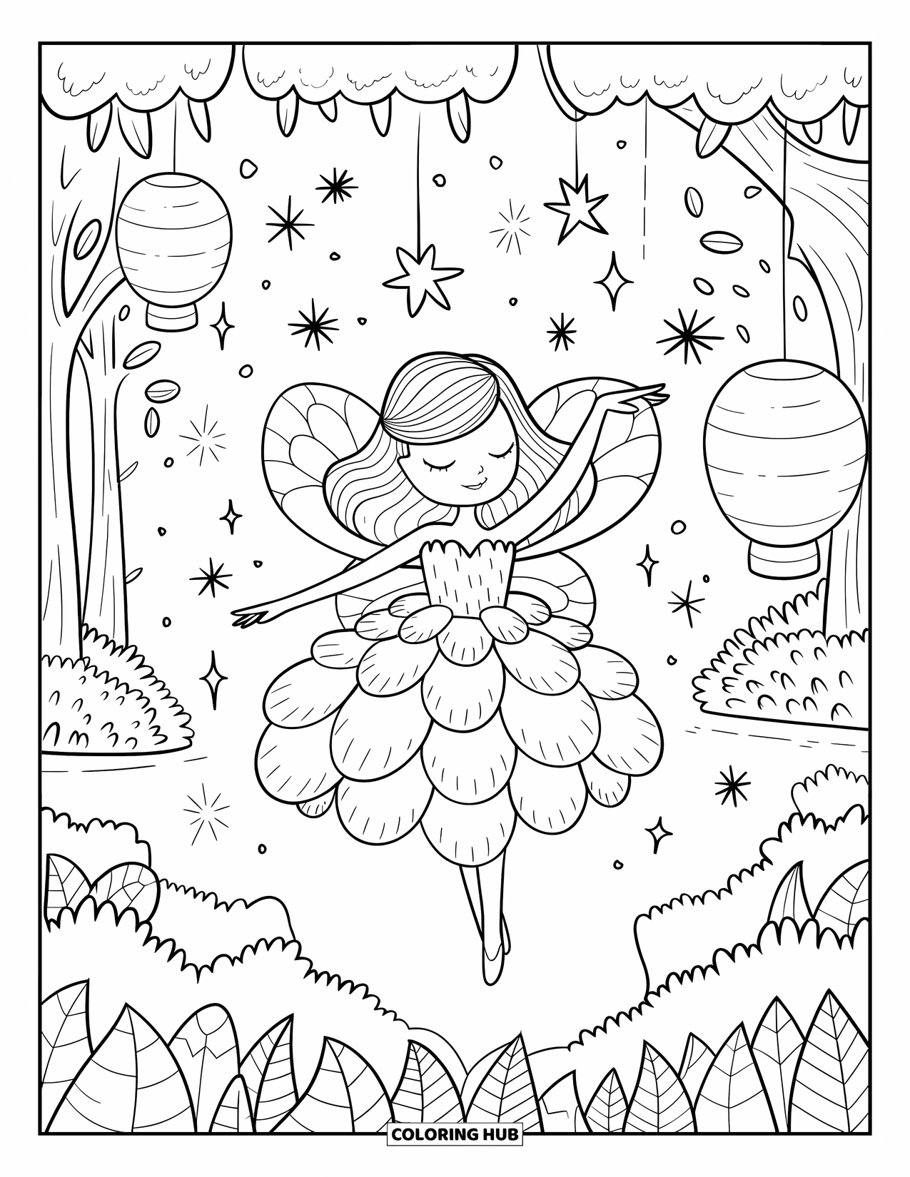Kolorowanka z sukienką dla dorosłych: Dziewczyna-wróżka w sukience z płatków unosi się z lampionami i gwiazdami