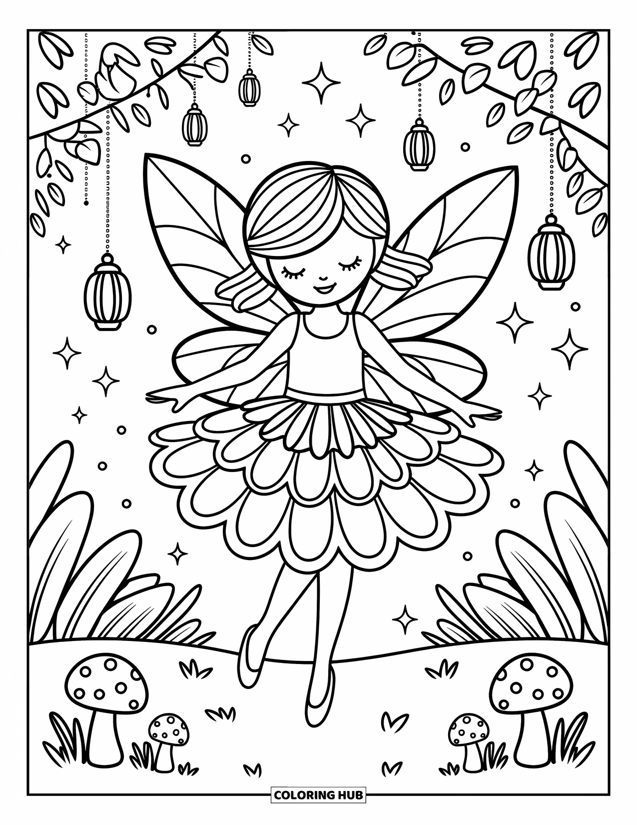 Kolorowanka z sukienką dla dorosłych: Dziewczyna-wróżka ze skrzydłami tańczy wśród lampionów i migoczących gwiazd