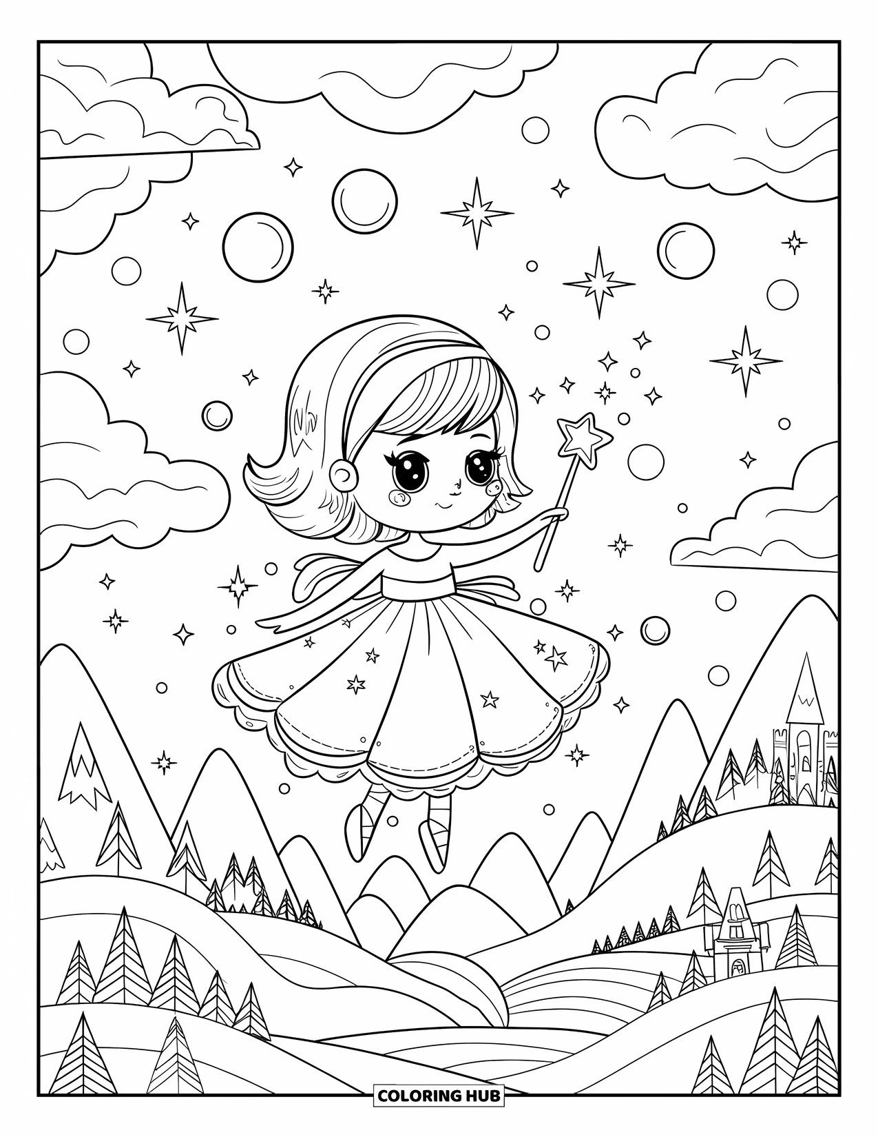Kolorowanka z sukienką dla dorosłych: Dziewczyna unosi się nad chmurami, trzymając różdżkę, otoczona gwiazdami