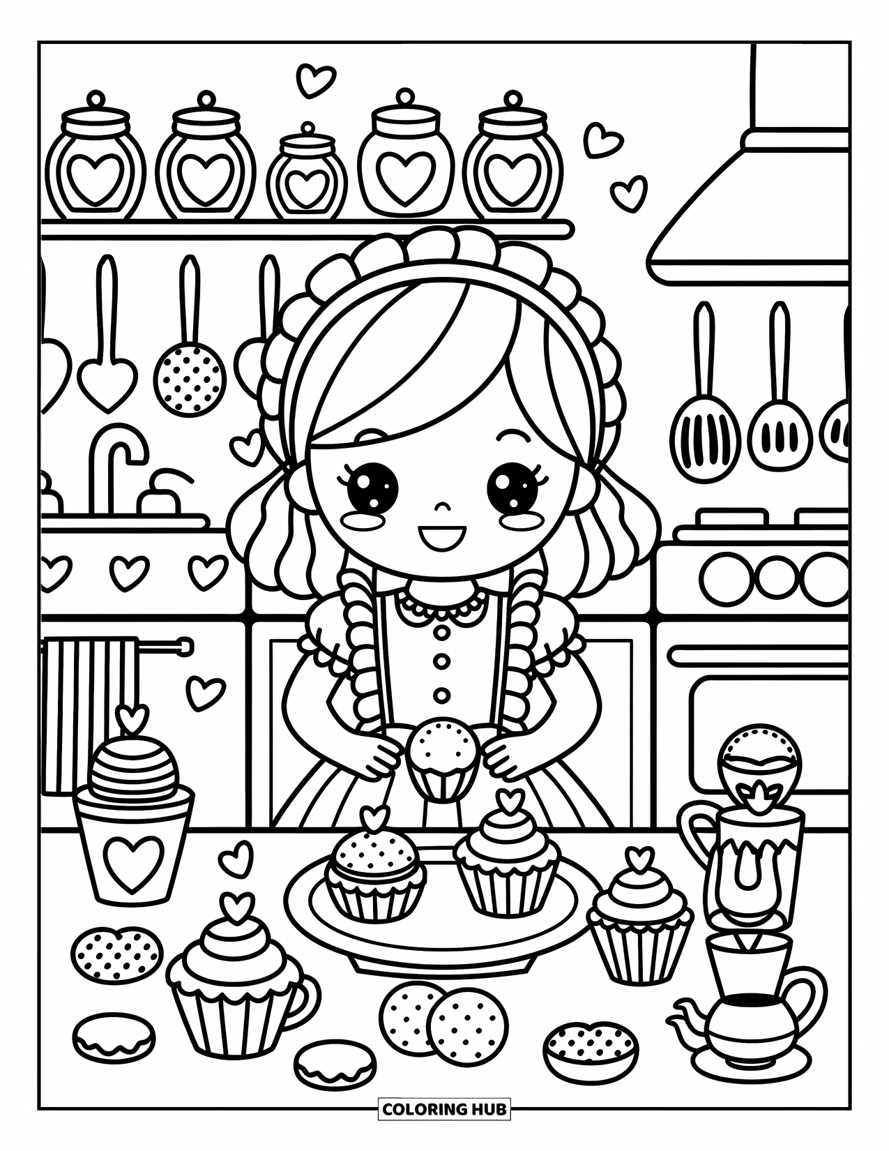 Kolorowanka z sukienką dla dorosłych: Dziewczyna w uroczej sukience piecze ciasteczka z maleńkimi słoikami i fartuszkami