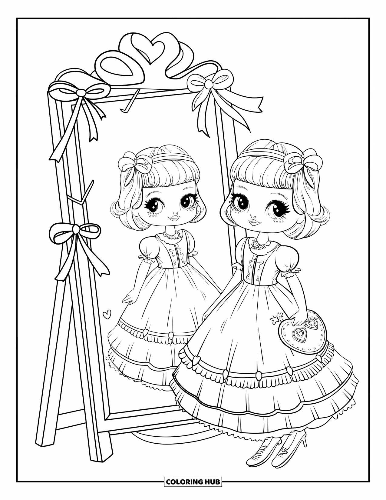 Kolorowanka z sukienką dla dorosłych: Dziewczyna w sukience stoi przed lustrem z wstążkami i sercami