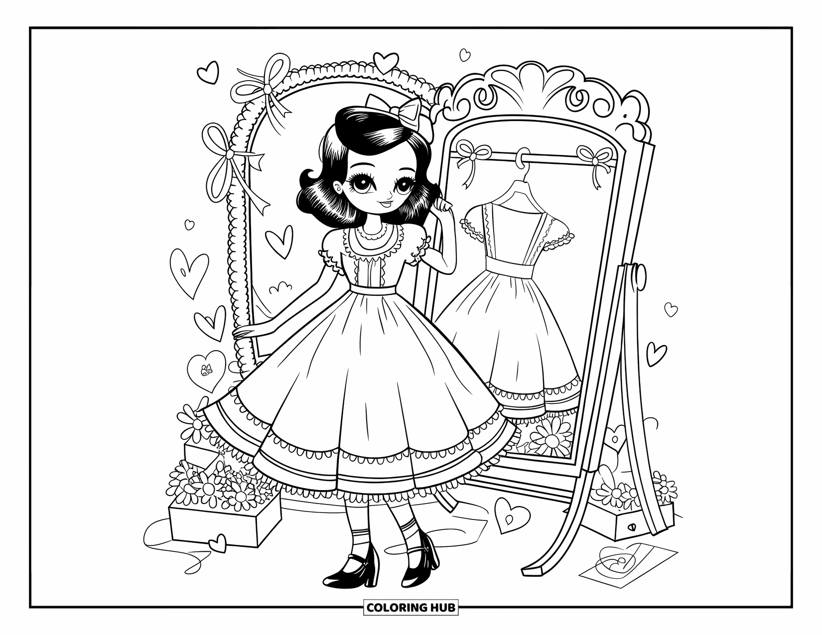 Kolorowanka z sukienką dla dorosłych: Dziewczyna w sukience stoi obok lustra z sercami i wstążkami