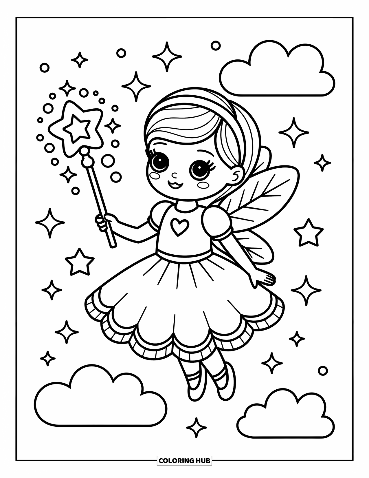 Kolorowanka z sukienką dla dorosłych: Dziewczyna w sukience wróżki unosi się nad chmurami, trzymając różdżkę z gwiazdą