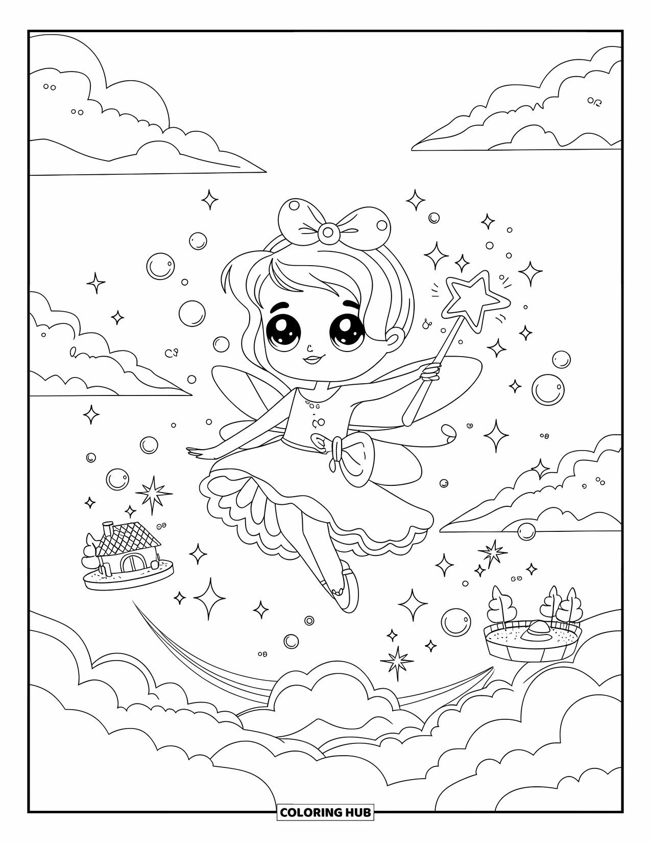 Kolorowanka z sukienką dla dorosłych: Dziewczyna w sukience wróżki unosi się z gwiazdami i bąbelkami