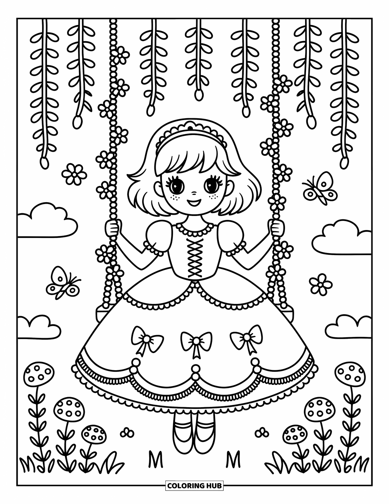 Kolorowanka z sukienką dla dorosłych: Dziewczyna w puszystej sukni siedzi na huśtawce z kwiatami i motylami
