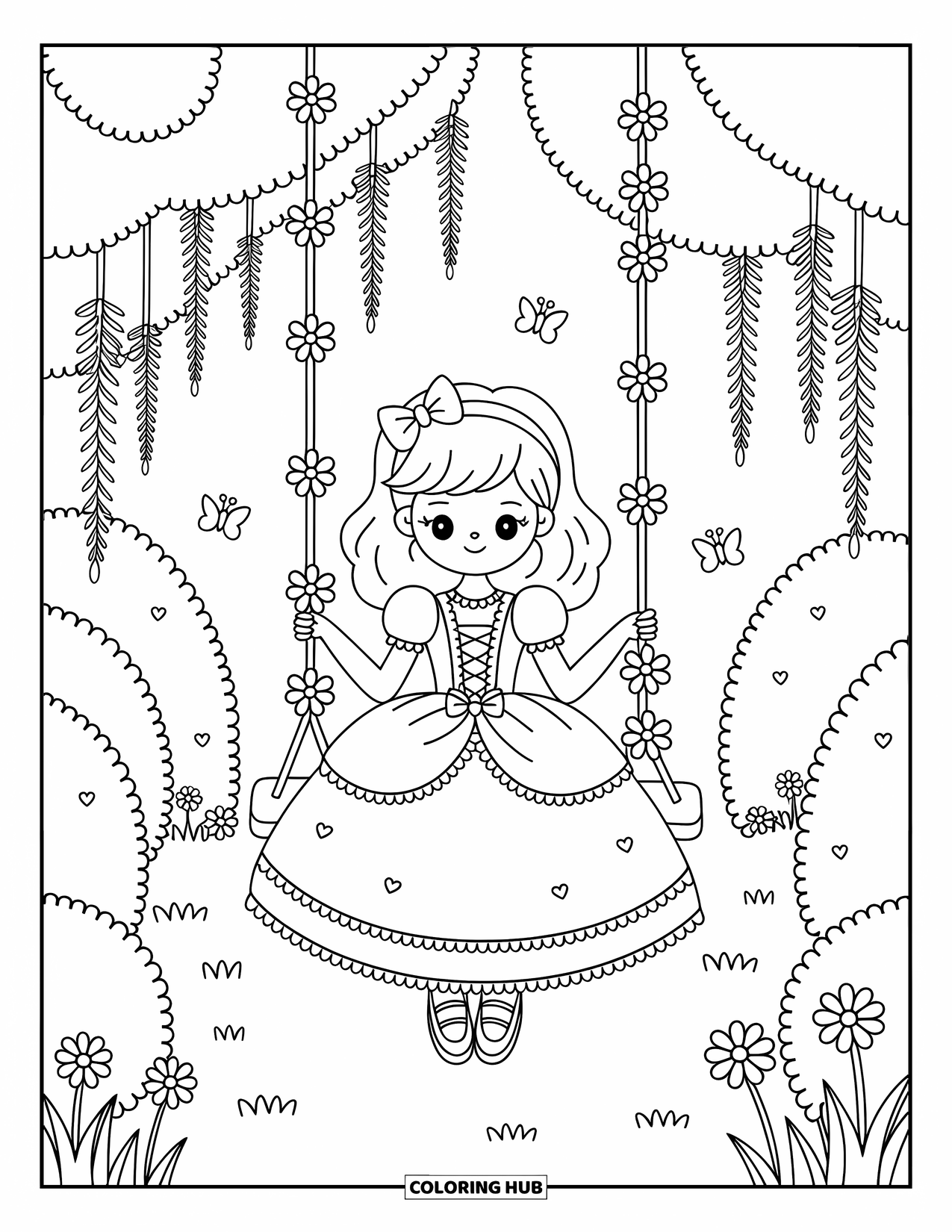 Kolorowanka z sukienką dla dorosłych: Dziewczyna w puszystej sukni huśta się wśród kwiatów i motyli w sekretnym ogrodzie