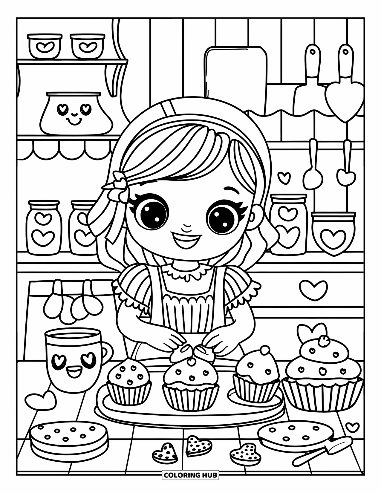 Kolorowanka z sukienką dla dorosłych: Dziewczyna w falbaniastej sukience piecze ciasteczka w uroczej kuchni