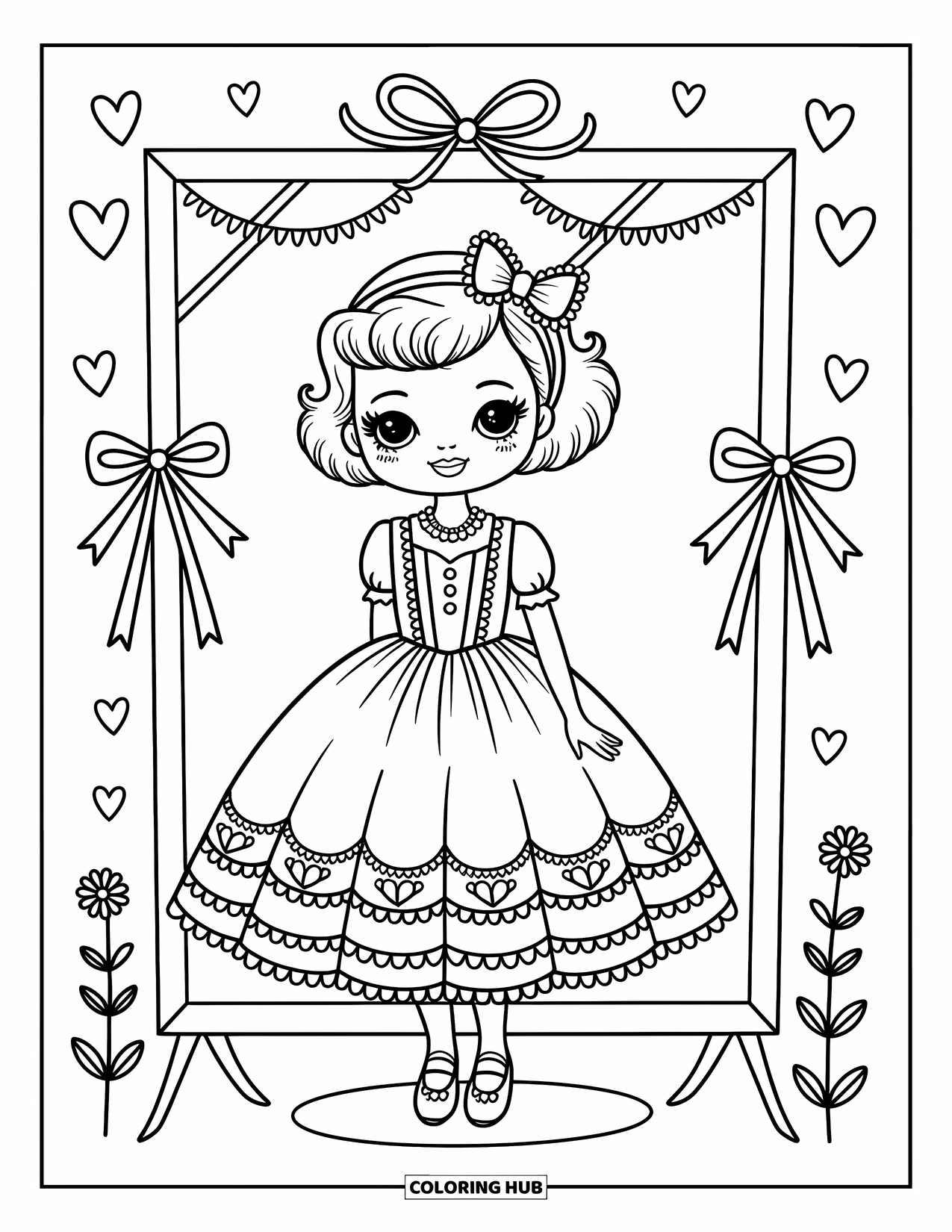Kolorowanka z sukienką dla dorosłych: Dziewczyna w sukience lolita stoi obok lustra z wstążkami i sercami