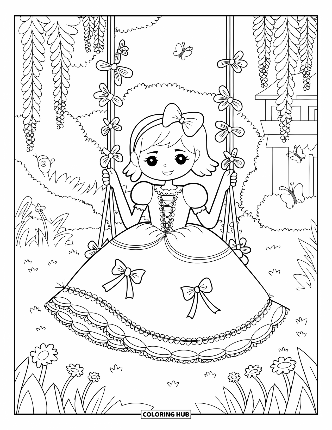 Kolorowanka z sukienkami – moda dla dorosłych: Dziewczyna w sukni księżniczki siedzi na huśtawce w sekretnym ogrodzie