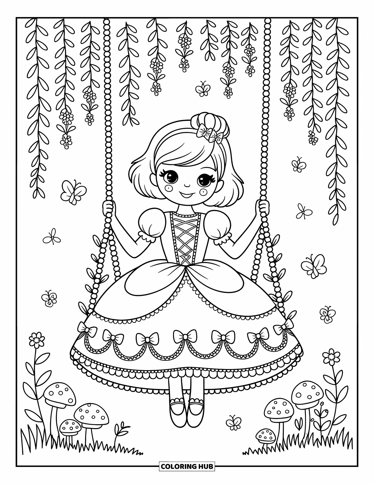 Kolorowanka z sukienką dla dorosłych: Dziewczyna w sukni księżniczki siedzi na huśtawce otoczonej kwiatami i pnączami