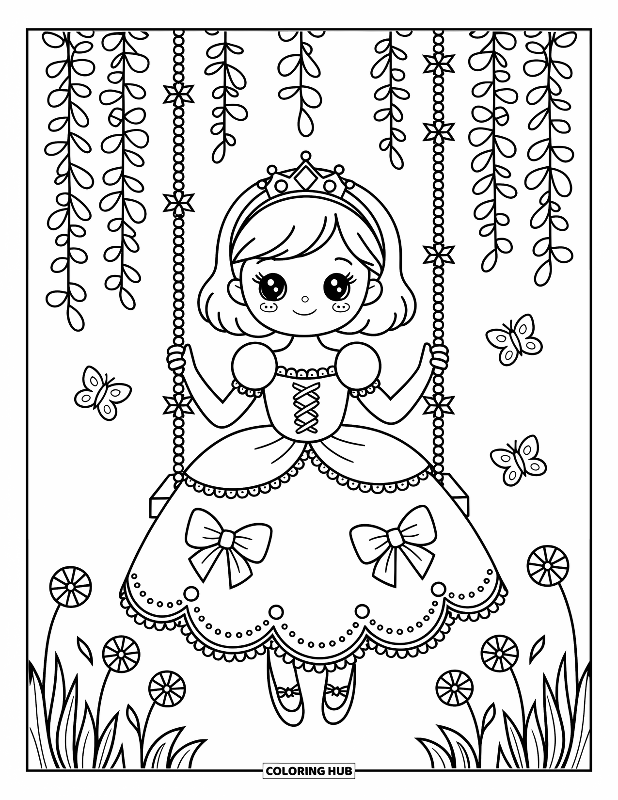 Kolorowanka z sukienką dla dorosłych: Dziewczyna w sukni księżniczki delikatnie huśta się wśród kwiatów i motyli