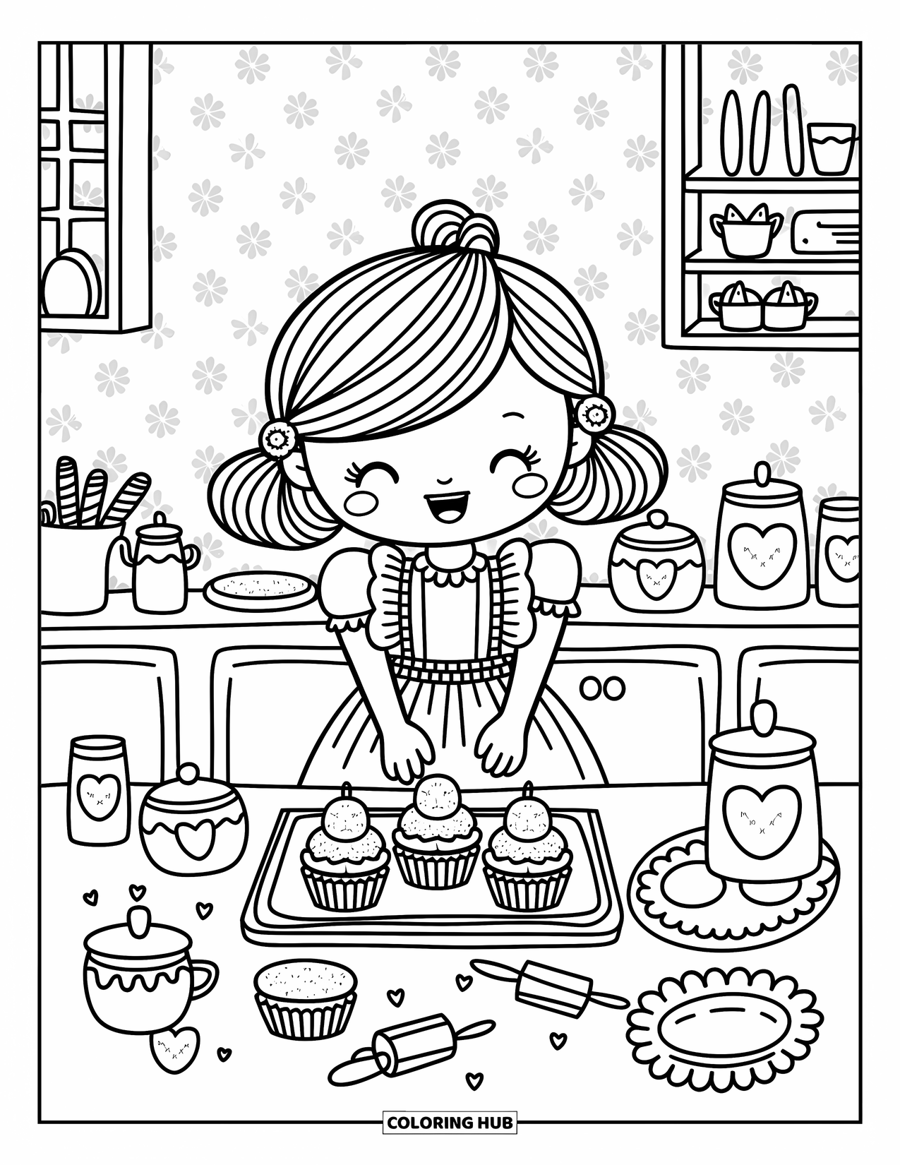 Kolorowanka z sukienką dla dorosłych: Dziewczyna w falbaniastej sukience piecze babeczki z przyborami w kształcie serca