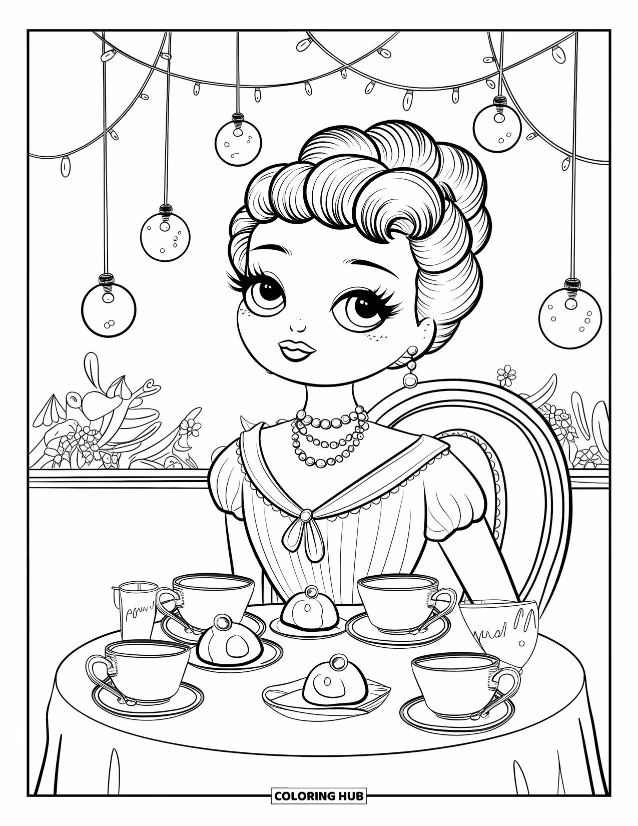 Kolorowanka z sukienką dla dorosłych: Dziewczyna w eleganckiej sukience pije herbatę pod światełkami