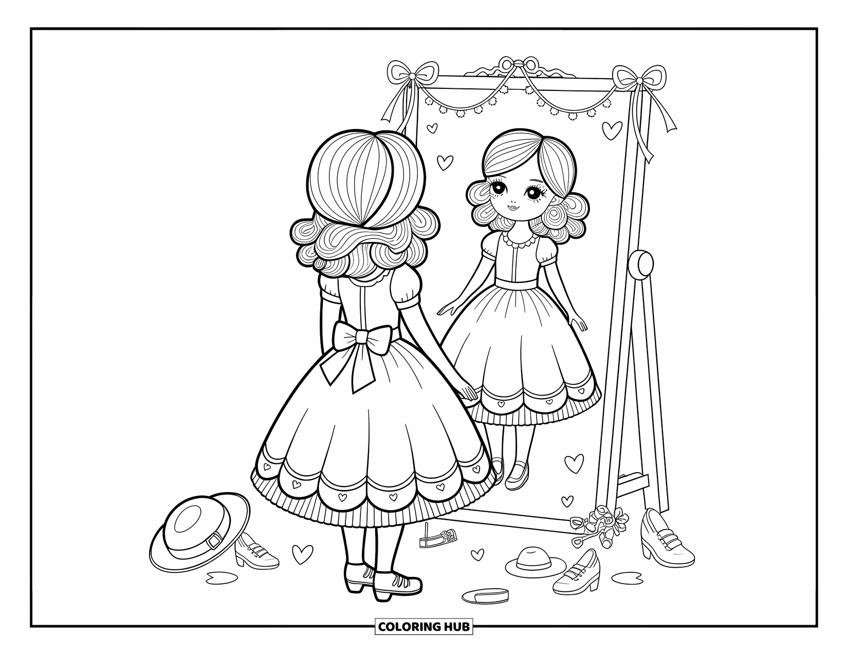 Kolorowanka z sukienką dla dorosłych: Dziewczyna w lokach przymierza sukienkę w butiku z maleńkimi kapeluszami i butami