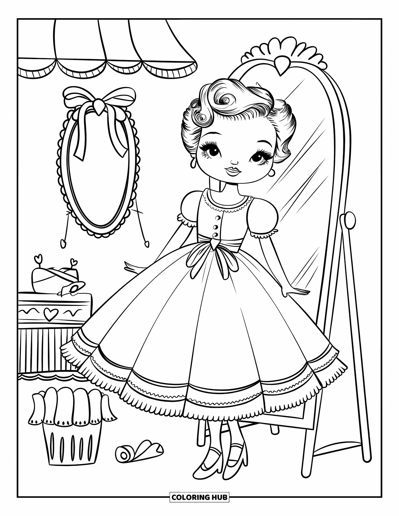 Kolorowanka z sukienką dla dorosłych: Dziewczyna przymierza sukienkę w butiku z kwiatami i sercami