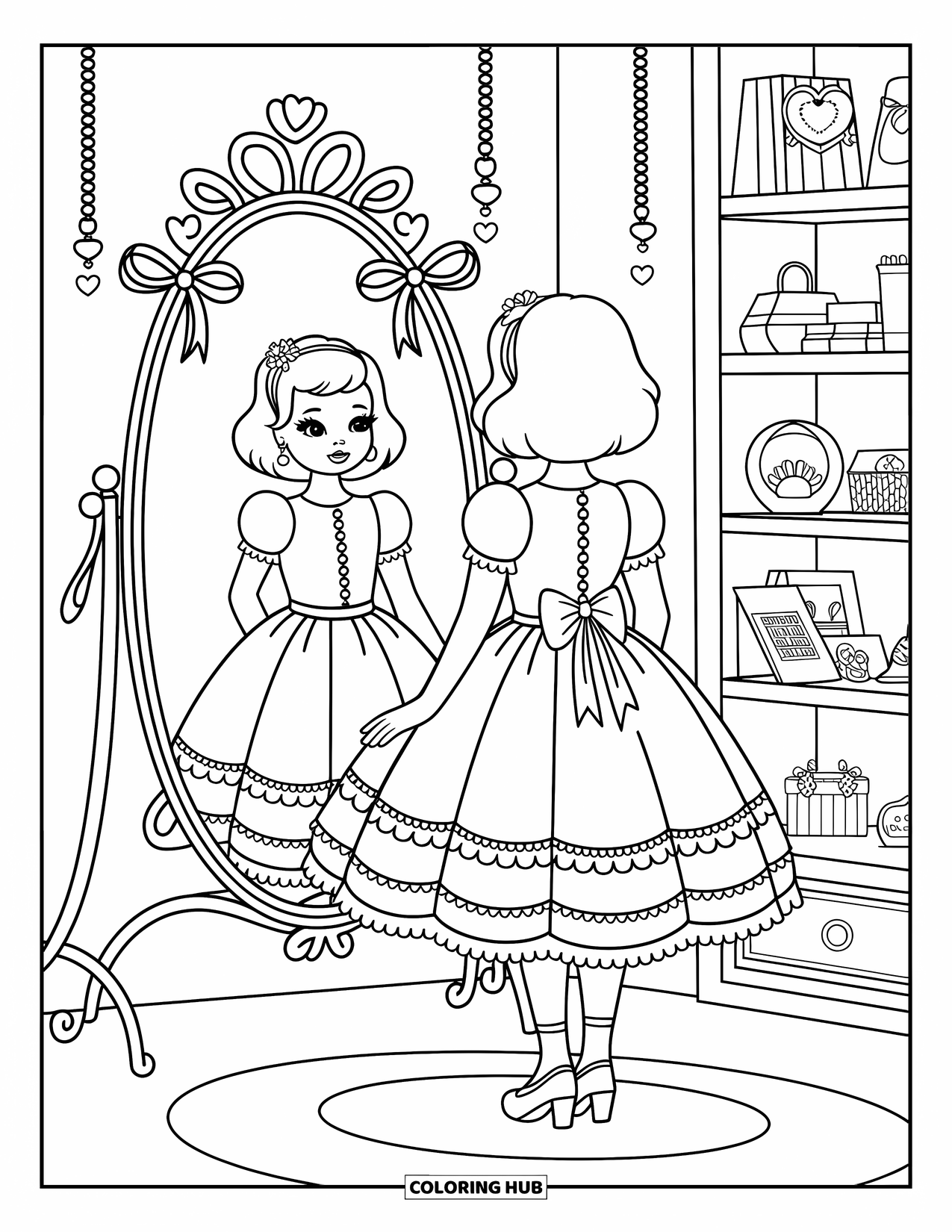 Kolorowanka z sukienkami – moda dla dorosłych: Dziewczyna przymierza sukienkę z drobnymi kwiatkami i wstążkami