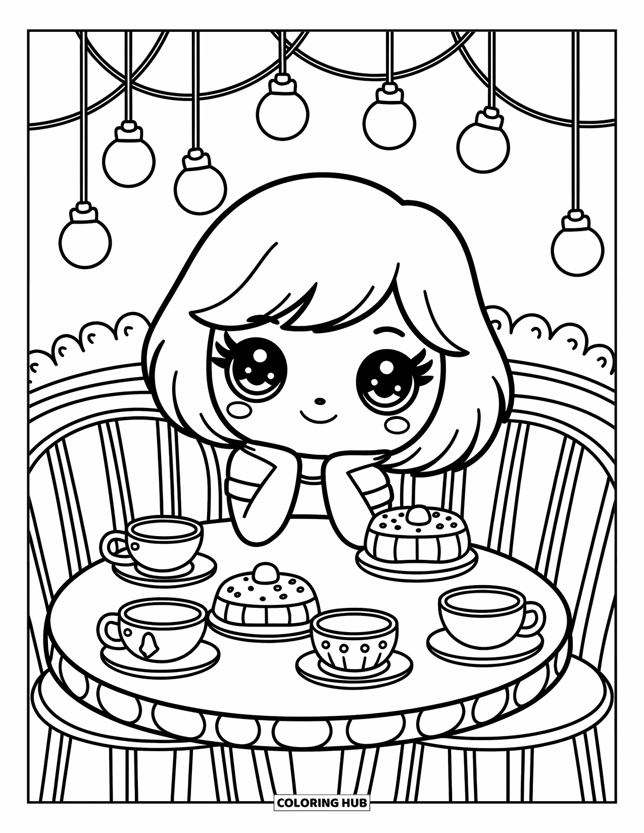 Kolorowanka z sukienkami – moda dla dorosłych: Dziewczyna z dużymi oczami popija herbatę pod światełkami w kawiarni