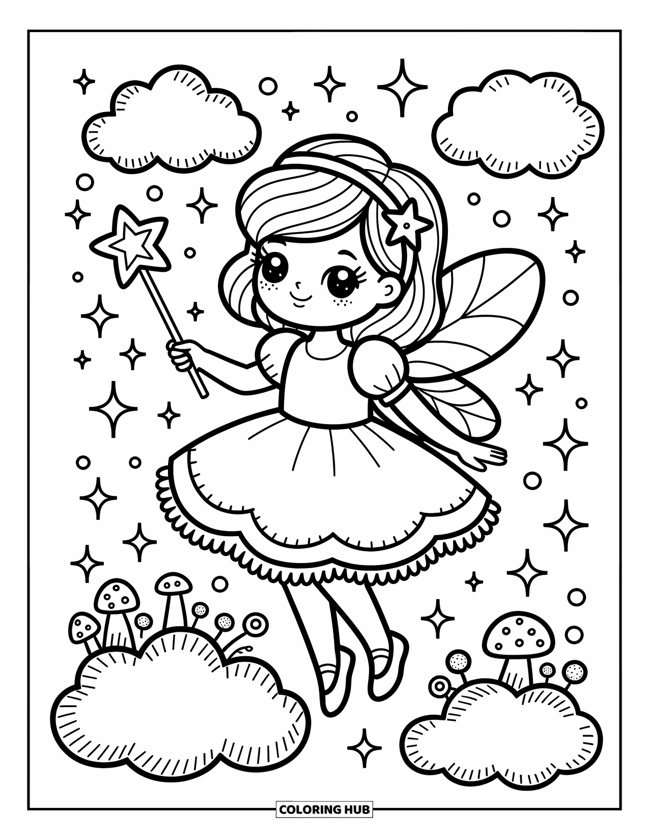 Kolorowanka z sukienką dla dorosłych: Magiczna dziewczyna unosi się nad chmurami, trzymając różdżkę z gwiazdą, otoczona gwiazdami
