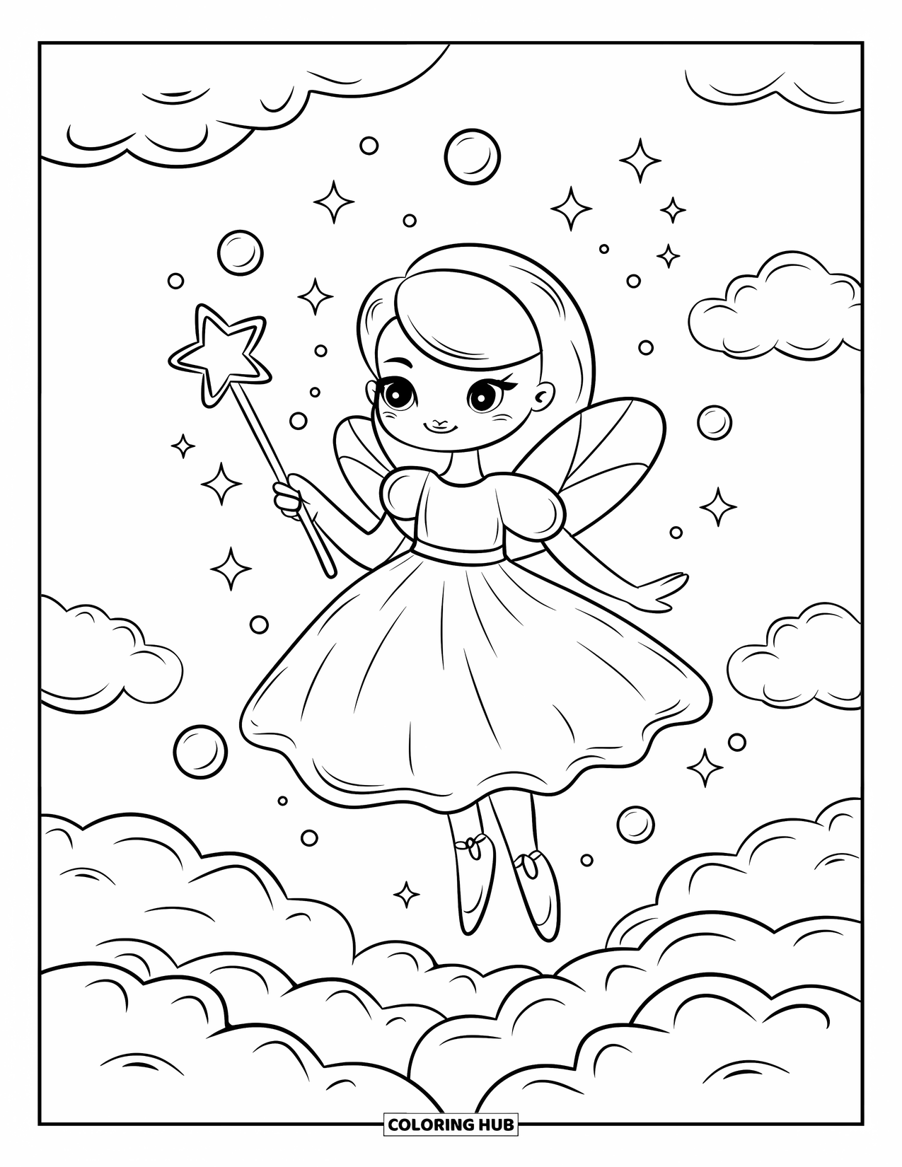 Kolorowanka z sukienką dla dorosłych: Magiczna dziewczyna unosi się nad chmurami z różdżką z gwiazdą