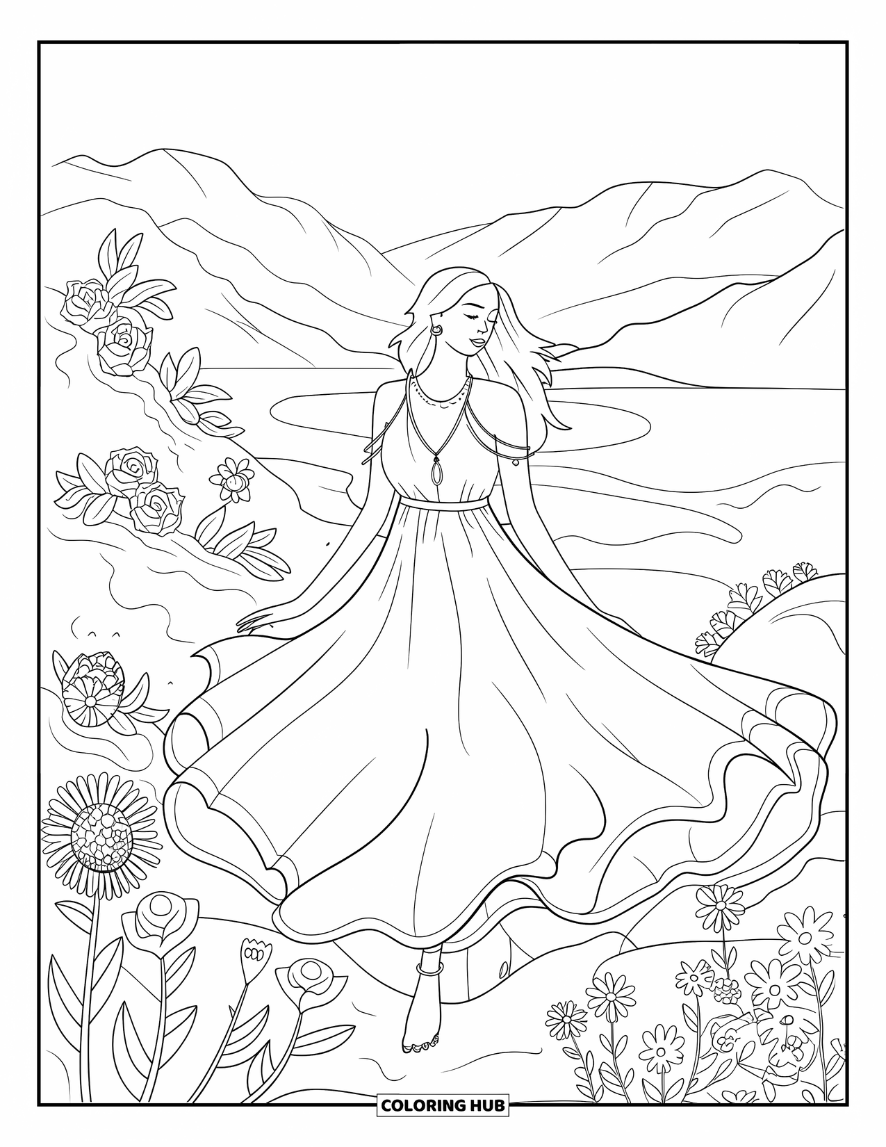 Kolorowanka z sukienkami – moda dla dorosłych: Kobieta w sukience w stylu bohemy stoi przy kwiatach z górami i wodą