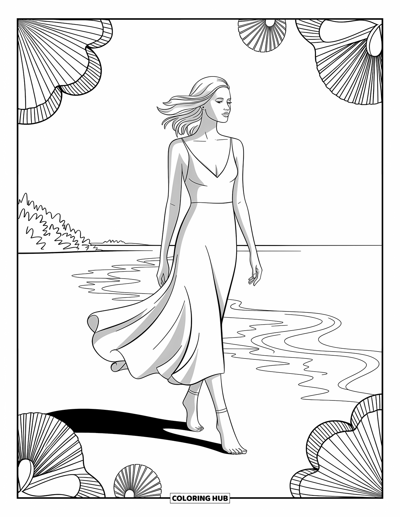 Kolorowanka z sukienkami – moda dla dorosłych: Kobieta w zwiewnej sukience idzie po plaży ze wzorami muszelek