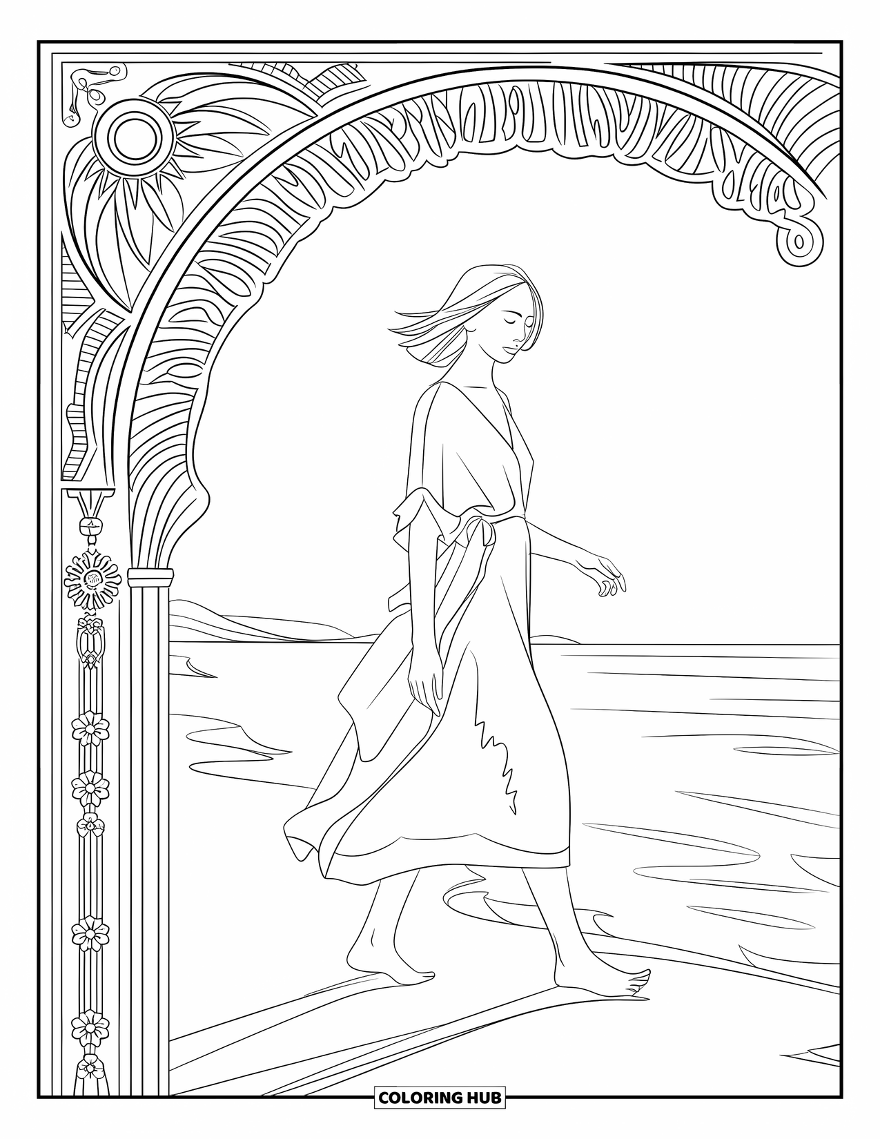 Kolorowanka z sukienkami – moda dla dorosłych: Kobieta w zwiewnej sukience idzie boso po plaży ze skomplikowanymi wzorami