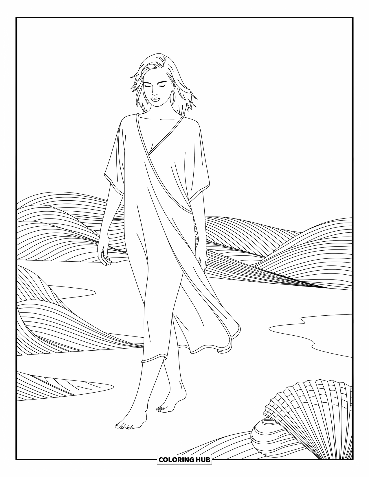 Kolorowanka z sukienkami – moda dla dorosłych: Kobieta w zwiewnej sukience idzie boso po plaży z muszelkami