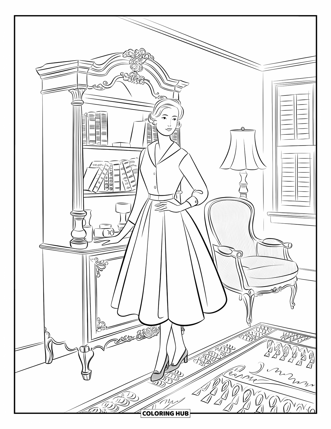 Kolorowanka z sukienkami – moda dla dorosłych: Kobieta w sukience stoi przy półce z książkami z dywanem i oknem