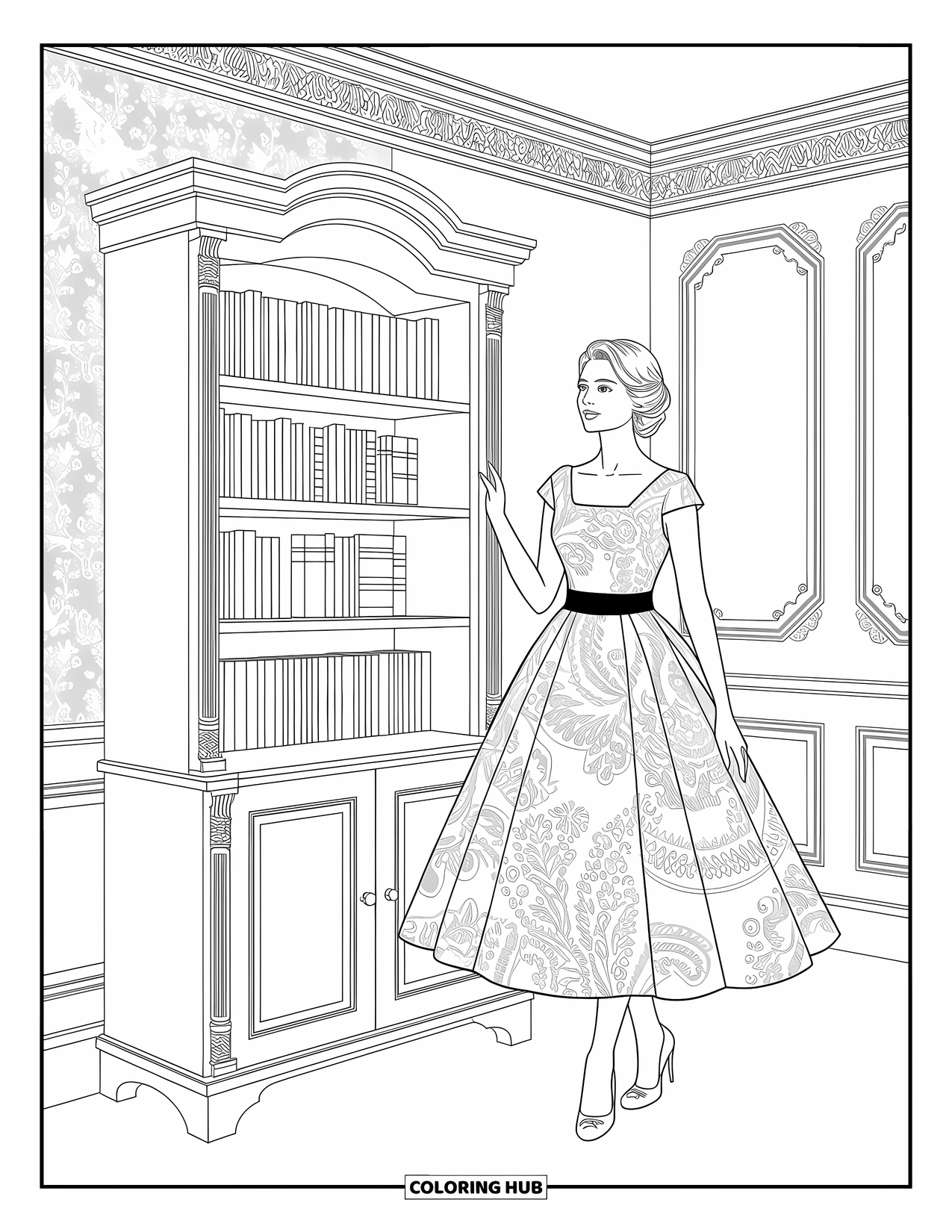 Kolorowanka z sukienkami – moda dla dorosłych: Kobieta w sukience stoi przy półce z książkami ze skomplikowanymi wzorami wokół niej