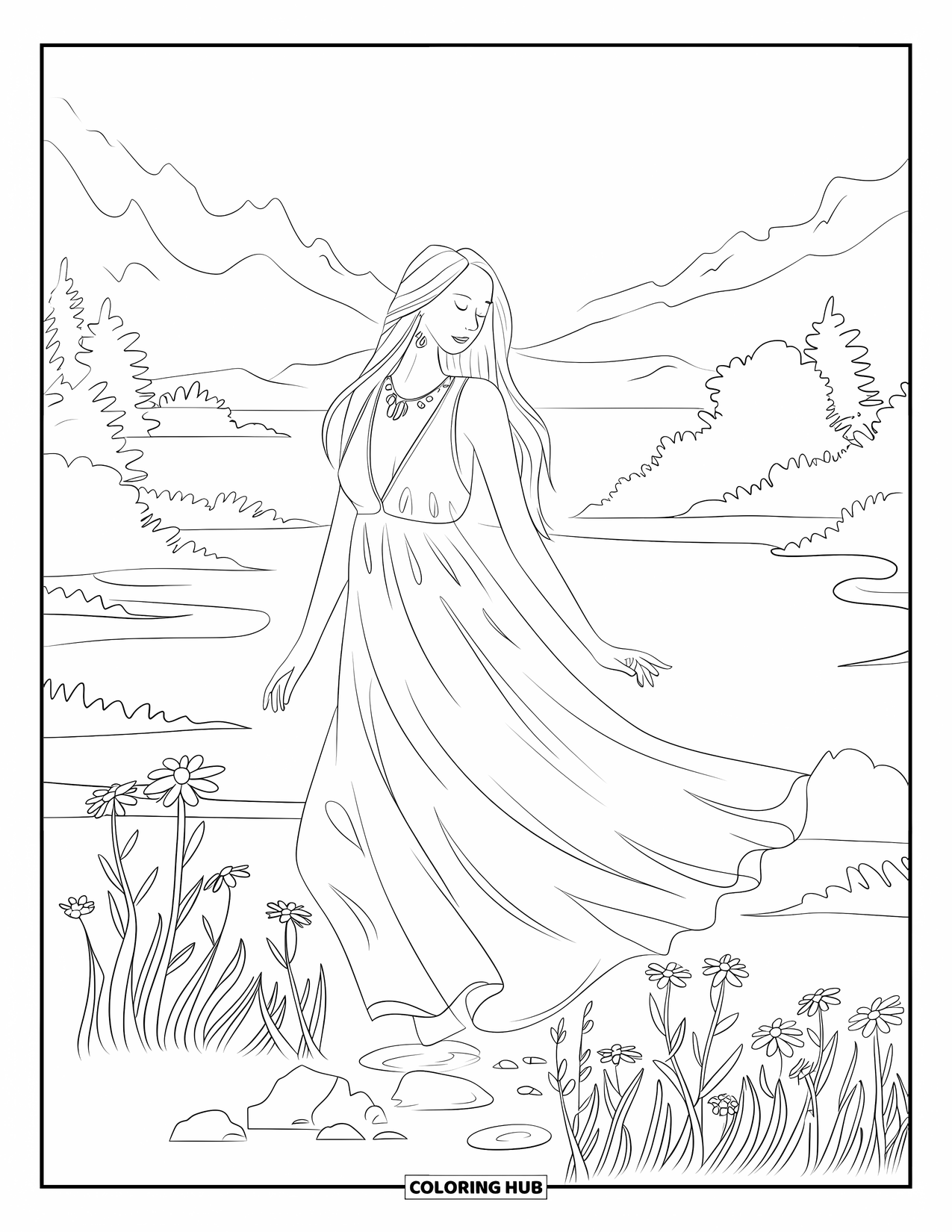 Kolorowanka z sukienkami – moda dla dorosłych: Kobieta w sukience stoi przy kwiatach z górami i drzewami