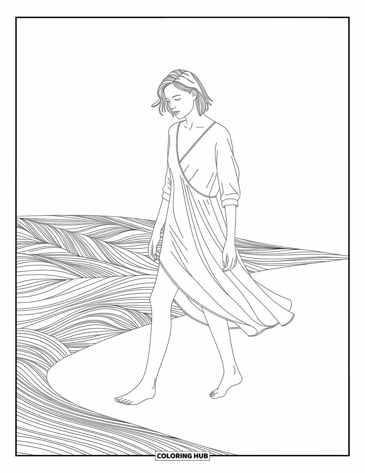 Kolorowanka z sukienkami – moda dla dorosłych: Kobieta w sukience idzie boso po plaży z falami i wzorami