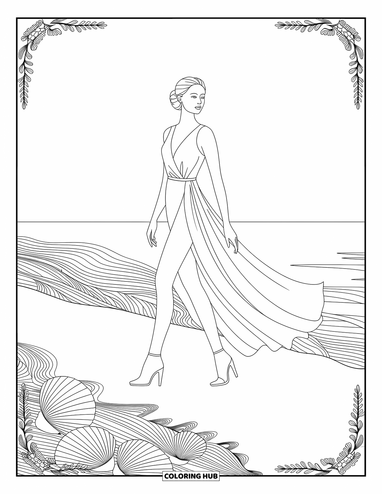 Kolorowanka z sukienkami – moda dla dorosłych: Kobieta w sukience idzie po plaży z muszelkami i kwiatowymi obramowaniami