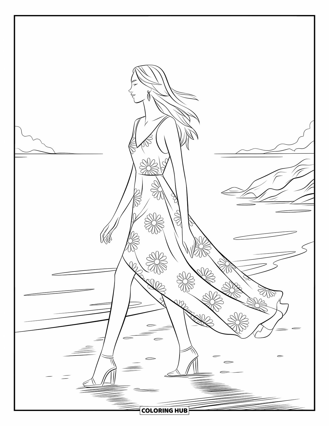 Kolorowanka z sukienkami – moda dla dorosłych: Kobieta w sukience z długimi włosami idzie wzdłuż plaży ze skałami