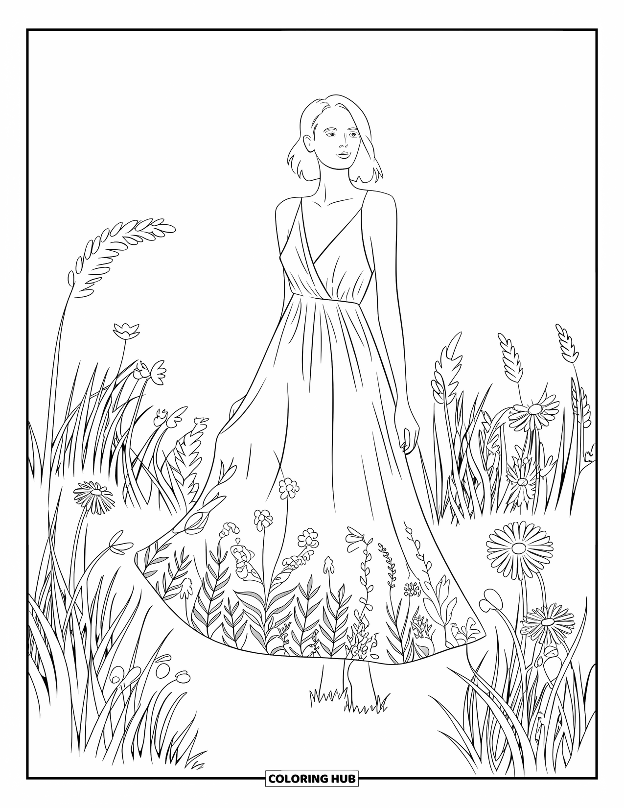 Kolorowanka z sukienkami – moda dla dorosłych: Kobieta w kwiatowej sukience stoi wdzięcznie na łące z polnymi kwiatami