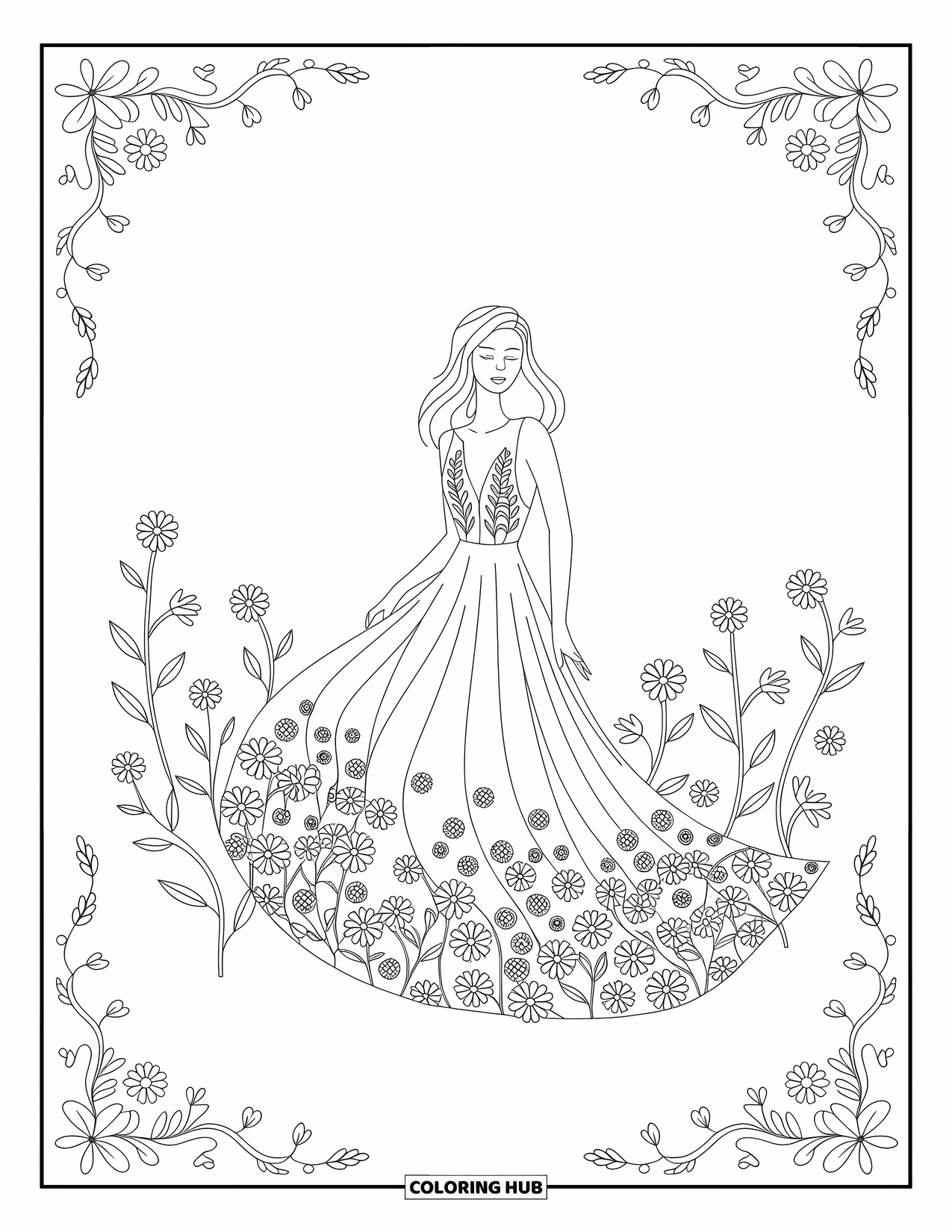 Kolorowanka z sukienkami – moda dla dorosłych: Kobieta w kwiatowej sukience stoi w ogrodzie z pnączami i płatkami