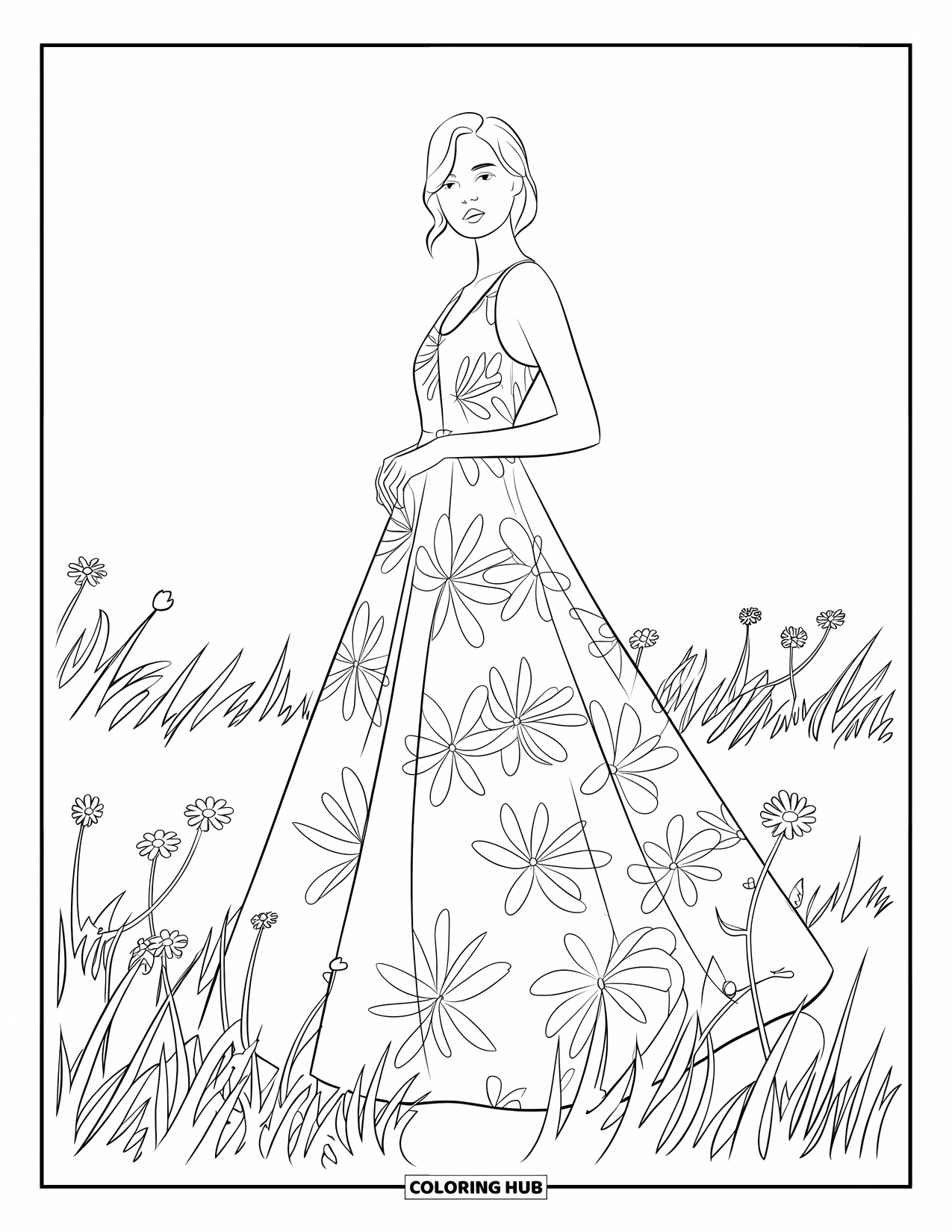 Kolorowanka z sukienkami – moda dla dorosłych: Kobieta w kwiatowej sukience stoi na łące otoczonej kwiatami i trawą