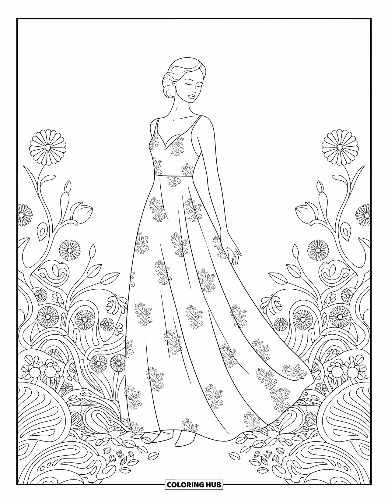 Kolorowanka z sukienkami – moda dla dorosłych: Kobieta w kwiatowej sukience stoi na łące z kwiatami i roślinnością