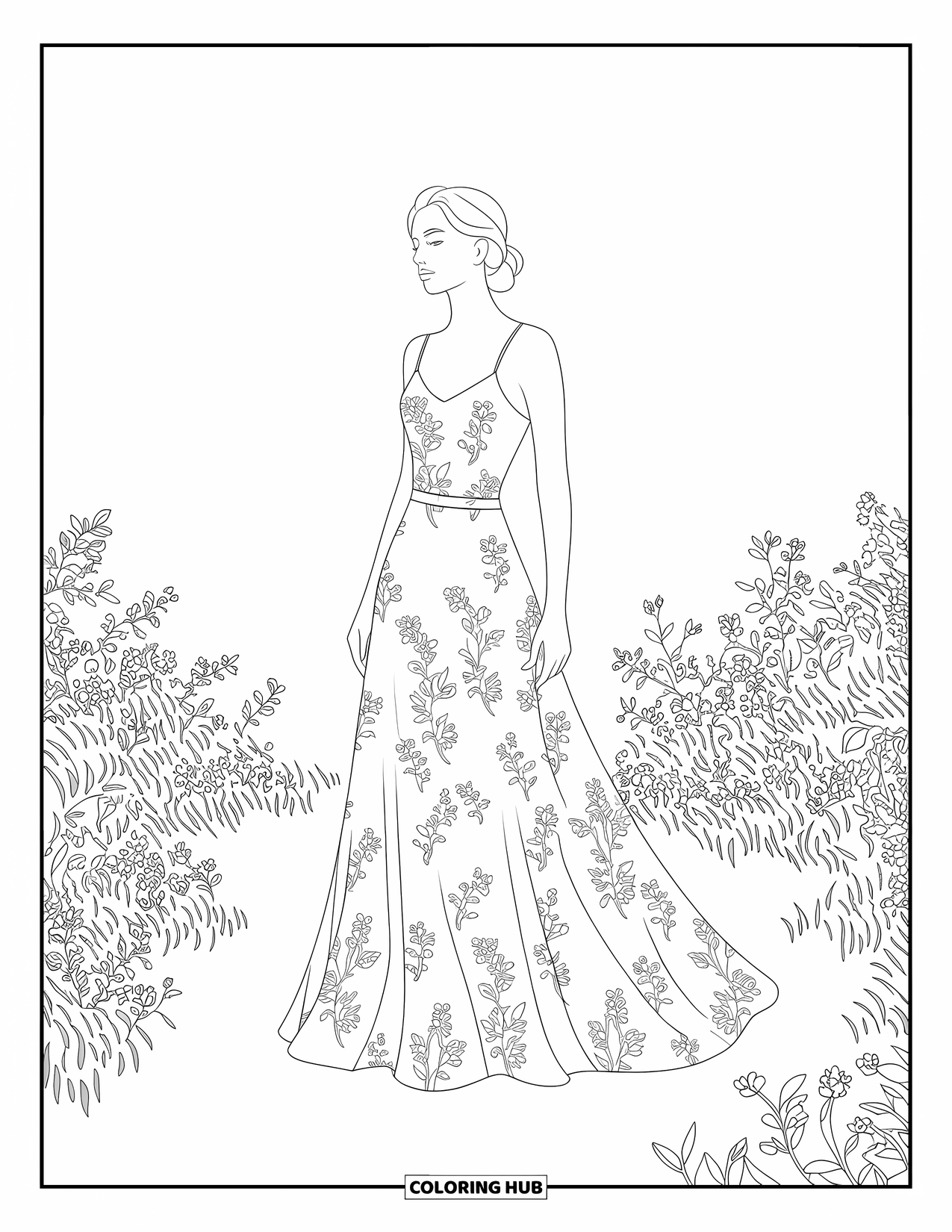 Kolorowanka z sukienkami – moda dla dorosłych: Kobieta w kwiatowej sukience stoi na łące ze skomplikowanymi kwiatowymi wzorami
