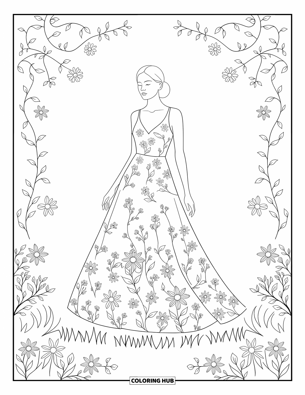 Kolorowanka z sukienkami – moda dla dorosłych: Kobieta w kwiatowej sukience stoi na łące z wirującymi pnączami i kwiatami