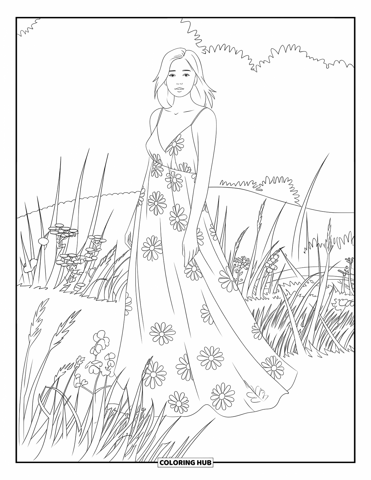 Kolorowanka z sukienkami – moda dla dorosłych: Kobieta w kwiatowej sukience stoi na łące z wysoką trawą i polnymi kwiatami