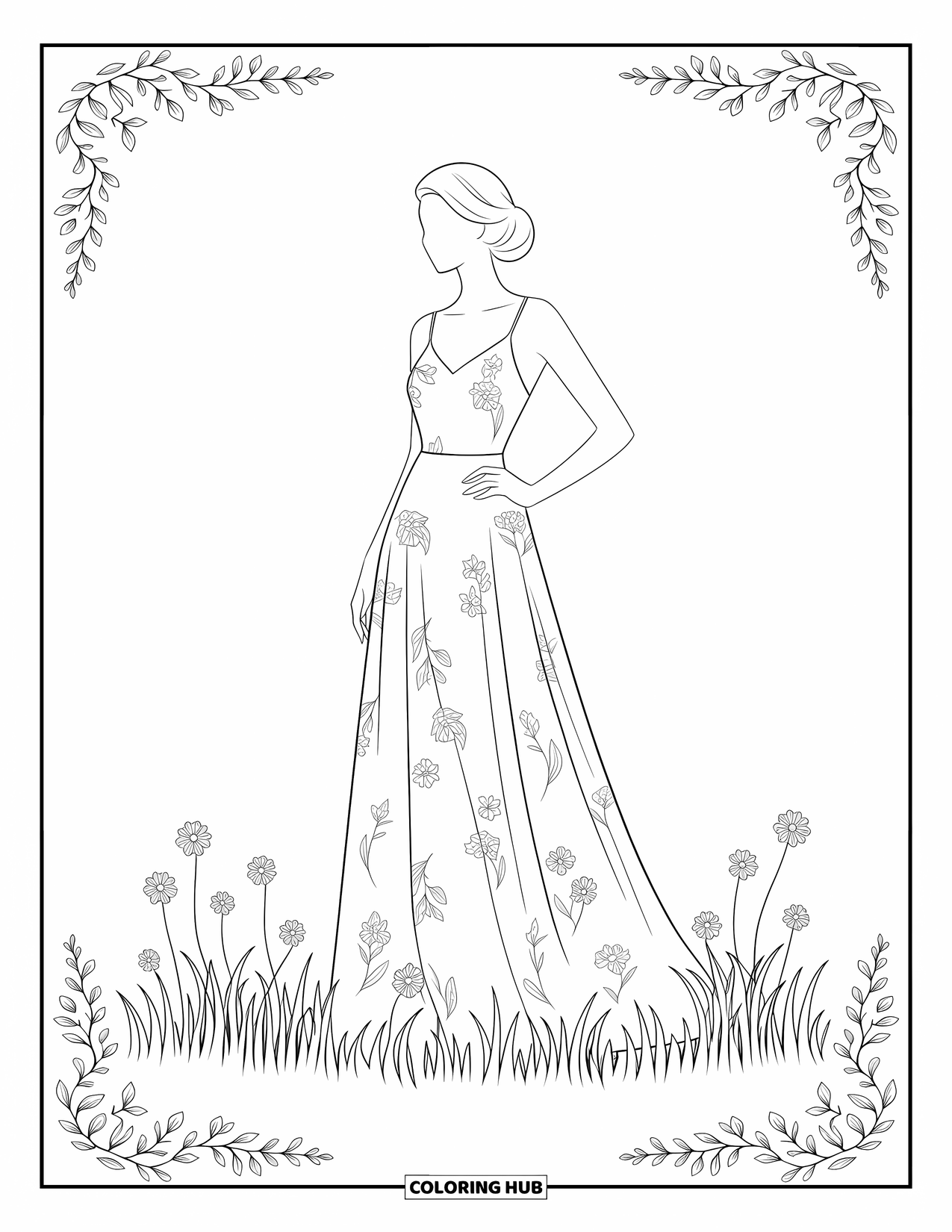 Kolorowanka z sukienkami – moda dla dorosłych: Kobieta w kwiatowej sukience stoi na łące z pnączami i kwiatami
