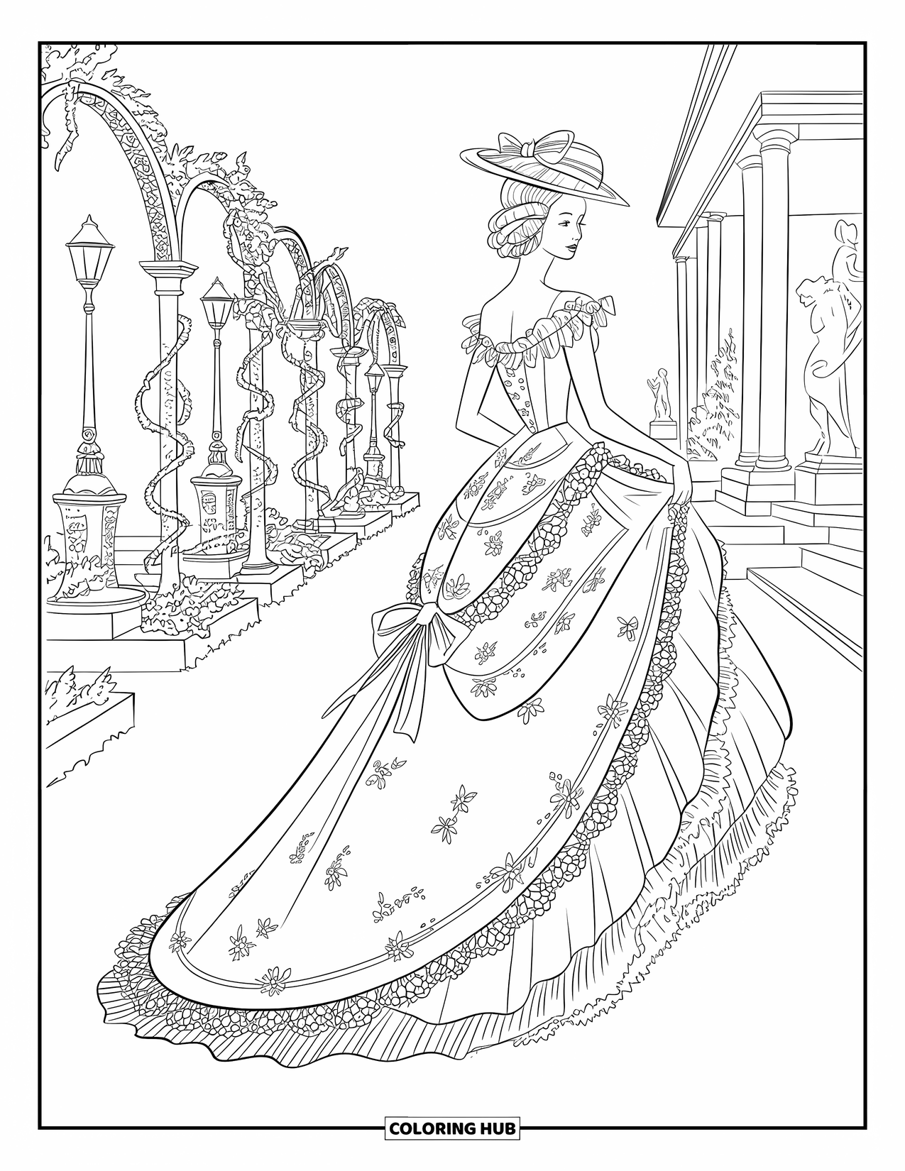 Kolorowanka z sukienkami – moda dla dorosłych: Kobieta w kwiatowej sukience z kapeluszem idzie przez ogród z posągami