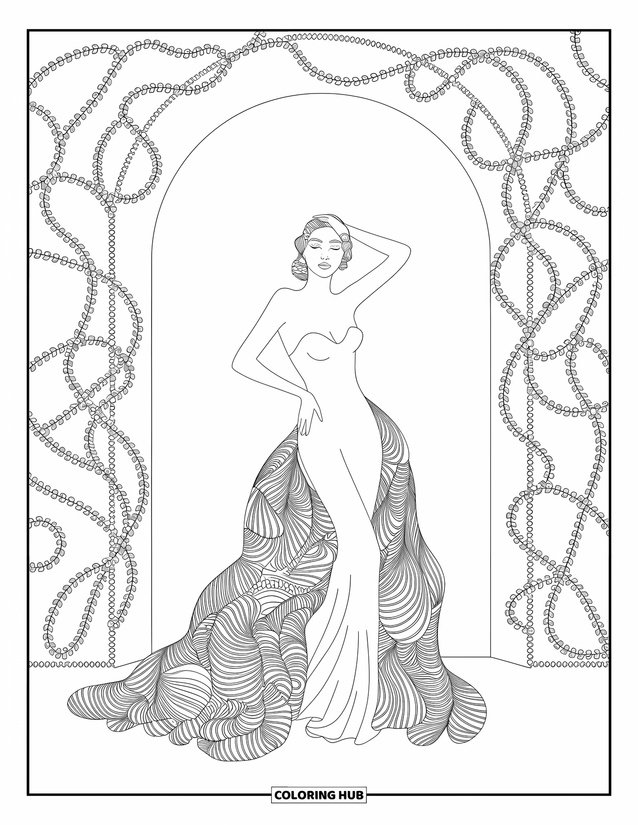 Kolorowanka z sukienkami – moda dla dorosłych: Kobieta w powiewnej sukni pozuje pod łukiem porośniętym pnączami